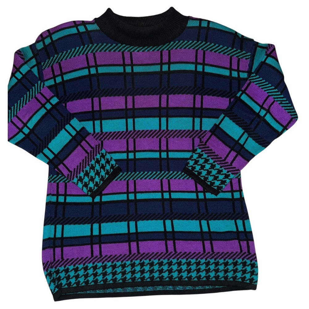 VTG 80's Bedford Fair Women's Mock Neck Plaid Sweater Pullover Shoulder pads
